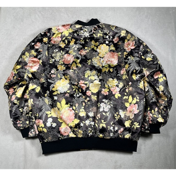 Free People Black w/Gold Peach Yellow Floral Fully-Lined Bomber Jacket Women XS - Picture 8 of 11